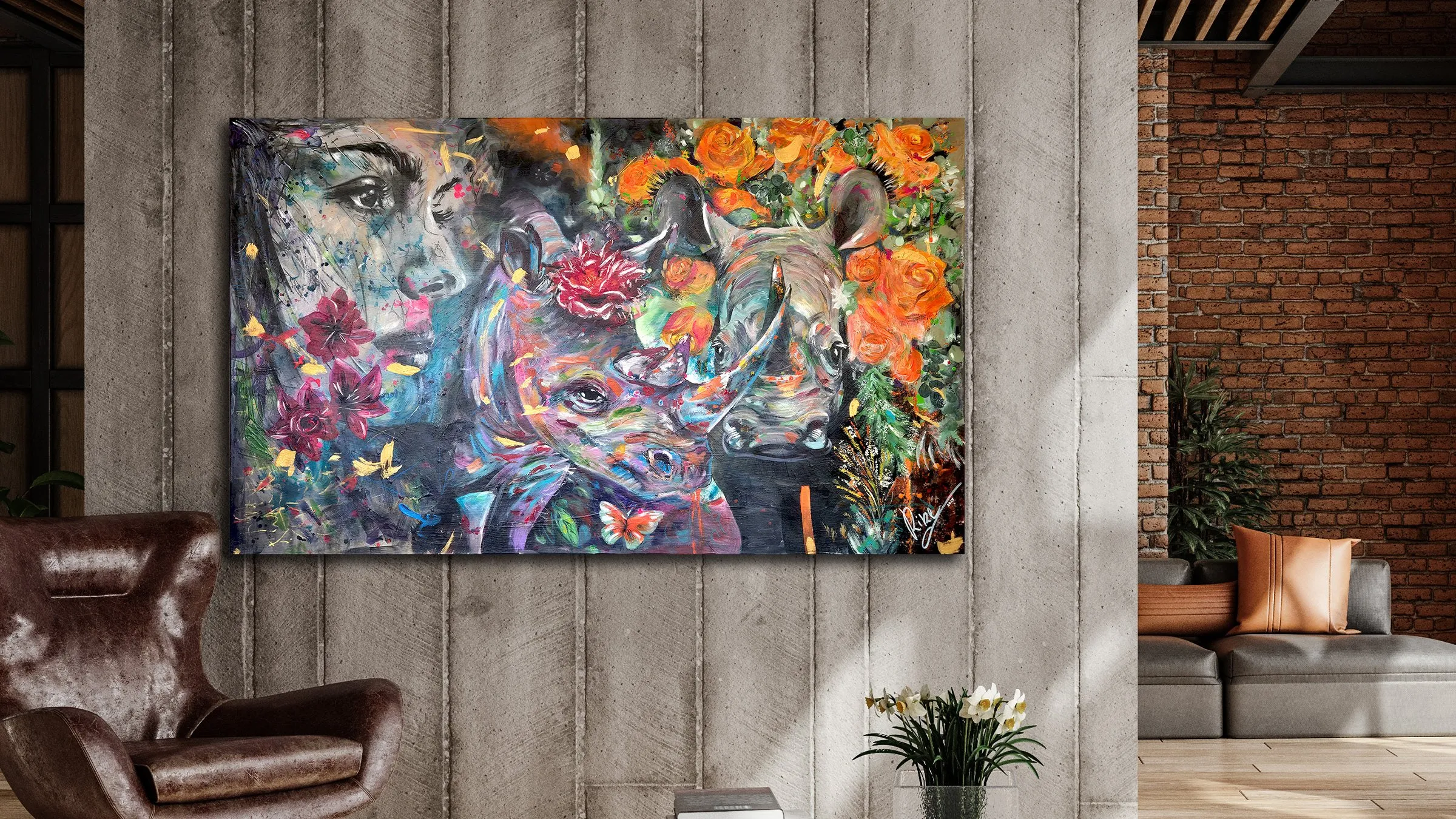 Nashorn, Blumen, Portrait in Kohle auf Leinwand